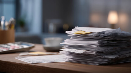 Professional Stock Photo of a Desk with Stacked Papers, Calculator, and Cup Exhibiting Financial Planning and Organization in a Cinematic Setting