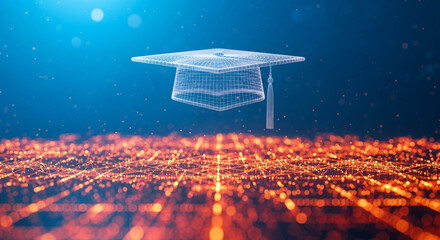Digital graduation cap floating above a network of glowing connections, representing education and technology integration