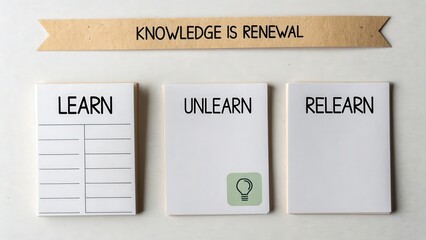 Three white cards labeled Learn Unlearn Relearn are displayed with a wooden banner stating Knowledge is Renewal highlighting continuous growth