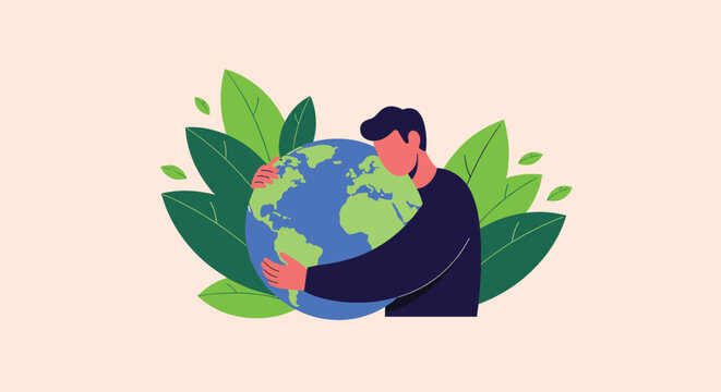 A person lovingly embraces the planet Earth, symbolizing environmental protection, sustainability, and a commitment to a greener future.