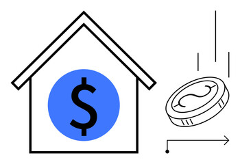 House outline with dollar sign inside, coin falling and arrow lines. Ideal for finance, investment, mortgage, savings, real estate, economy decision-making. Simple flat metaphor