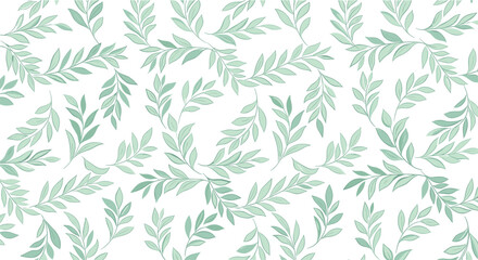 Naklejka premium Light green leafy branches form a gentle, organic seamless pattern, evoking a sense of nature and tranquility on a clean white backdrop.
