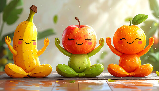 A banana, apple, and orange sit in a meditative pose with smiling faces and raised arms. This cheerful cartoon scene promotes mindfulness and wellness through playful fruit characters