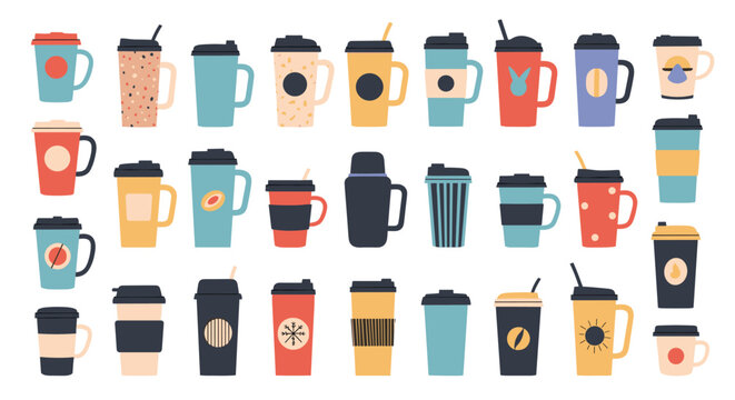A vibrant collection of diverse coffee cups, mugs, and travel tumblers for hot beverages, in various styles and colors.