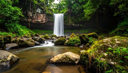 Waterfall cascades into pool surrounded by rocks and lush forest