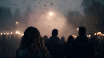 Fototapeta premium A crowd of silhouetted figures in a hazy atmospheric outdoor event with falling particles and warm bokeh lights at twilight