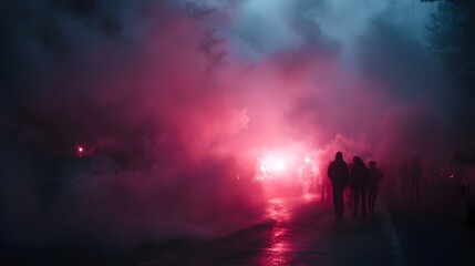 People walking in thick red smoke illuminated by a bright light on a wet street at dusk creating a dramatic and atmospheric scene