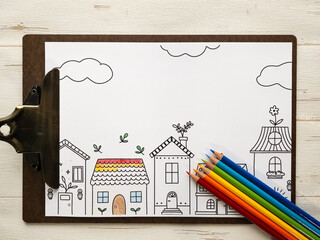 街並みの塗り絵と色鉛筆