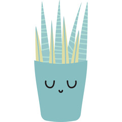 Cute cartoon succulent plant with closed eyes in a light blue pot with yellow and light blue striped leaves isolated on a white background