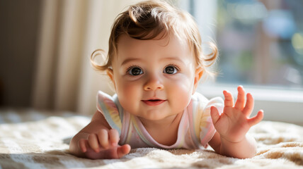 Fototapeta premium Adorable Baby on a Bed with a Waving Hand, Smiling at the Camera, Soft Focus Background