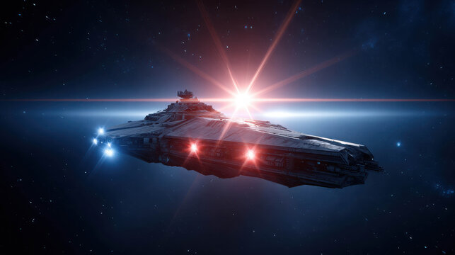 Lone Command Ship Hovering Near a Glowing Black Hole in Deep Space with Bright Starburst Effects and Cosmic Background