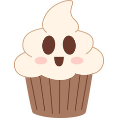 Cute Halloween Ghost Cupcake Character with Blushing Cheeks and Dark Eyes on Transparent Background Simple Flat Icon Design