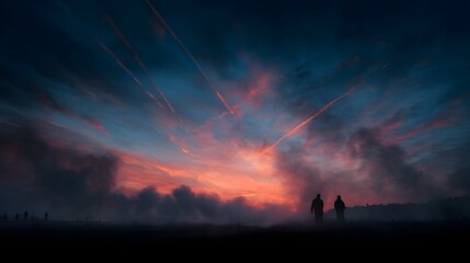Fototapeta premium Silhouetted figures walk through a misty field under a dramatic sunset sky filled with vibrant colors and aerial streaks