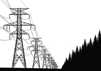 Silhouetted transmission towers and substation with power lines crossing forest landscape, illustrating high-voltage electricity infrastructure and energy grid