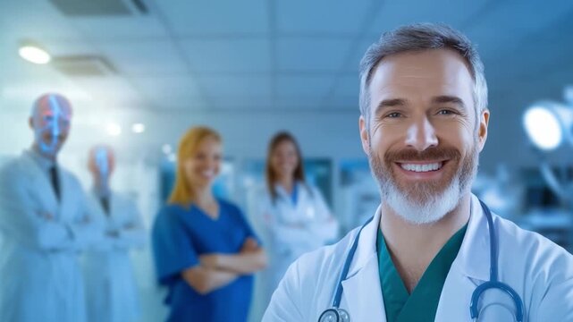 Healthcare Heroes: A close-up shot of a confident doctor smiles warmly, embodies leadership, surrounded by a team, symbolizing expertise and commitment within a hospital setting. 