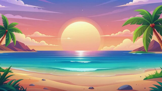 Vibrant cartoon illustration of a tropical beach sunset with palm trees and a colorful sky.