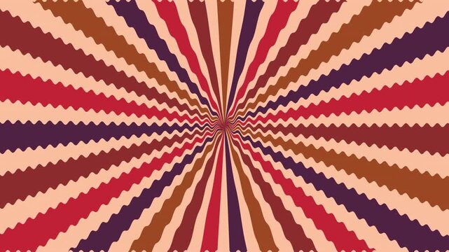 Groovy Retro Sunburst Animation Loop: Psychedelic Radial Background with Wavy Zigzag Lines and 70s Color Palette