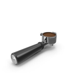 Black handle portafilter with espresso grounds side angle view