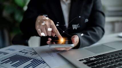 Omnichannel marketing journey showing interaction across media, email, messaging, mobile,...