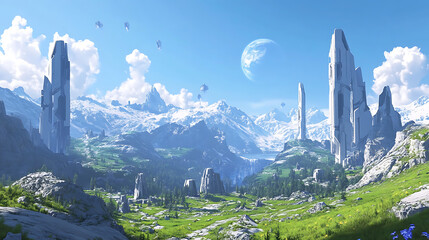 Dramatic landscape of mountains rocks and a distant planet