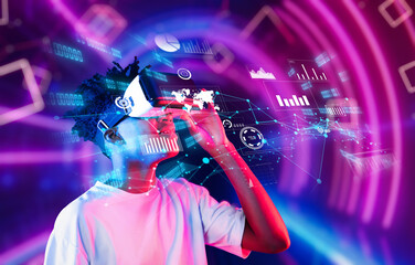 A young individual explores a colorful virtual reality environment filled with graphs and data...