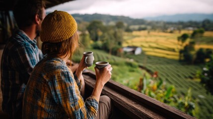 A man and a woman enjoying a cup of coffee on a balcony with a scenic view of a lush, green landscape.
