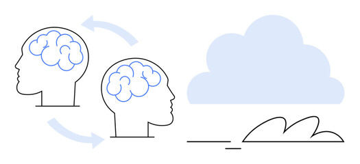 Two human heads with brain illustrations linked by arrows beside a cloud and digital elements. Ideal for innovation, learning, remote work, cloud computing, technology, teamwork, data transfer