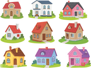 Cartoon vector set of residential houses with diverse architecture, colorful facades, front views, landscaping, and playful building designs