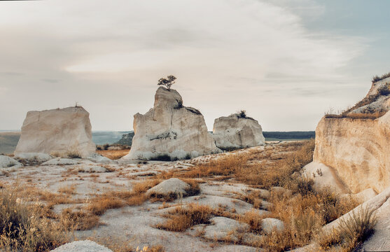 Scenic desert landscape with unique rock formations and sparse vegetation under a cloudy sky