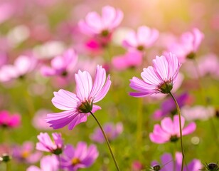 Pink cosmos blooms in a sunny field
