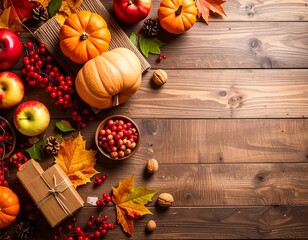 Autumn Harvest Bounty - Pumpkins, Apples, and Festive Decor on Wood.