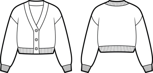 Technical fashion sketch of cropped cardigan with V-neck, button front, ribbed trim, long sleeves, front and back views for apparel design.