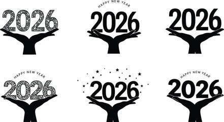 2026 Happy New Year icons, hand and number celebration set, black silhouette graphics, festive typography, decorative badge, holiday branding design