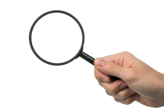 Hand holding magnifying glass isolated on transparent background