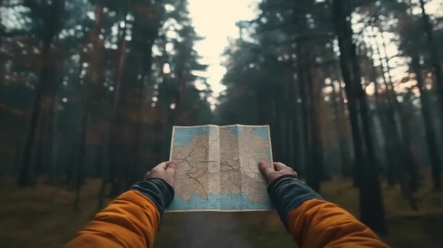 Person holding paper map while standing on woodland path