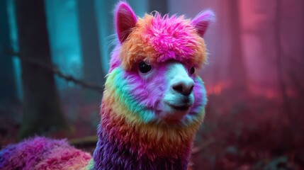 Obraz premium A colorful, fluffy llama with rainbow-colored fur, sitting in a mystical, foggy forest with a mystical, foggy forest setting.