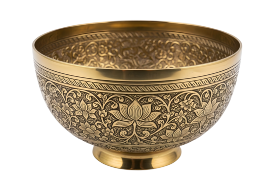 Ornate brass bowl with floral pattern isolated on transparent background