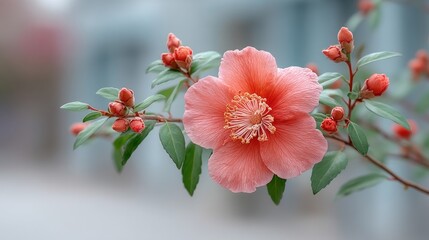 Close up of a vibrant pink camellia flower in full bloom with delicate green leaves and small buds on a softly blurred background showcasing intricate petal details and a gentle morning light.