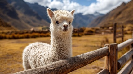 Obraz premium A white alpaca standing in a field with a wooden fence, looking towards the camera with a calm expression.