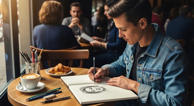 Artist sketching portrait in cafe with coffee - Powered by Adobe