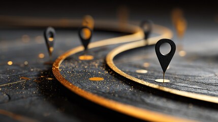Elegant concept of a curved roadmap with gold and black location markers symbolizing milestones and navigation