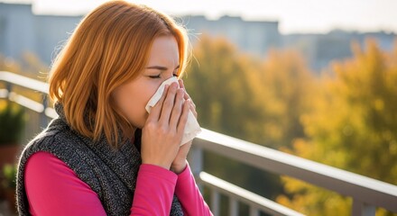Woman with tissue blowing nose with autumn trees background	