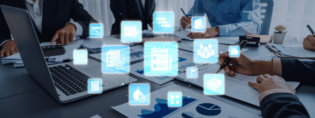 Concept of task management optimizes business efficiency. This system streamlines workflows,...