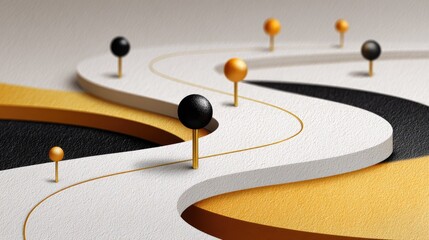 Minimalist abstract roadmap with curved pathways and shiny gold and matte black pins highlighting progress points