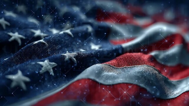 Patriotic American flag ripples with digital technology overlay for modern Fourth of July