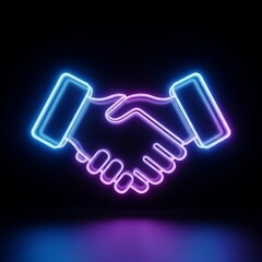 Abstract neon handshake glowing in vibrant blue and purple, symbolizing digital connection, successful partnership, and agreement