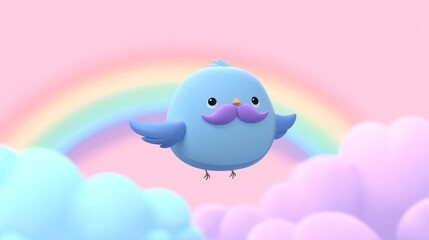 A cute cartoon bird with a mustache flying in the sky with a rainbow in the background.