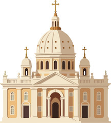 Vector Catholic Cathedral Basilica with Dome and Crosses on Green Background – Flat Illustration