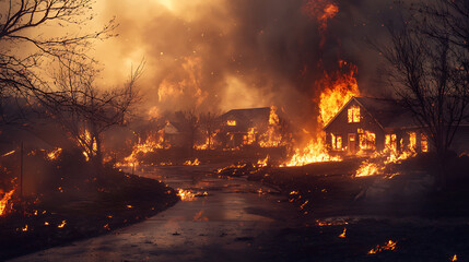 Dramatic night scene structures consume by flames and intense fire