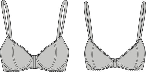 Technical fashion sketch of women's bras with underwire support, scalloped trim, adjustable straps, and front view lingerie design details